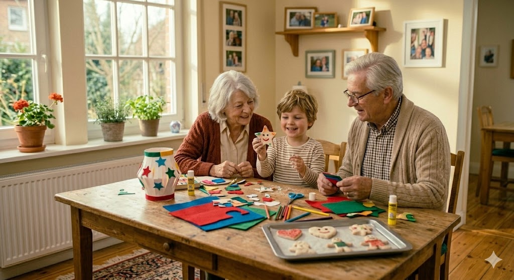 Oma und Opa basteln mit ihrem Enkelkind am Küchentisch — Salzteig, Filz, Papier