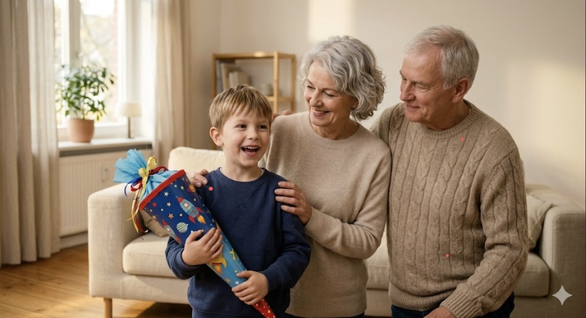 Junge mit Schultüte freut sich mit Oma und Opa über die Einschulung