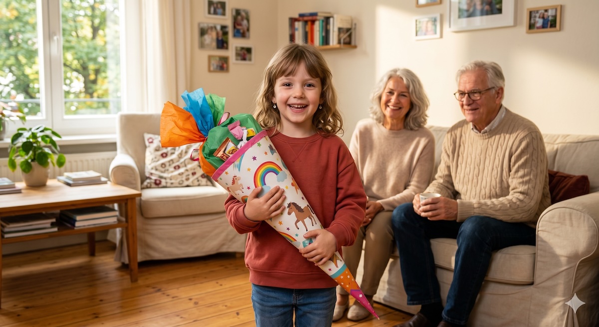 Mädchen mit Schultüte freut sich mit Oma und Opa über die Einschulung