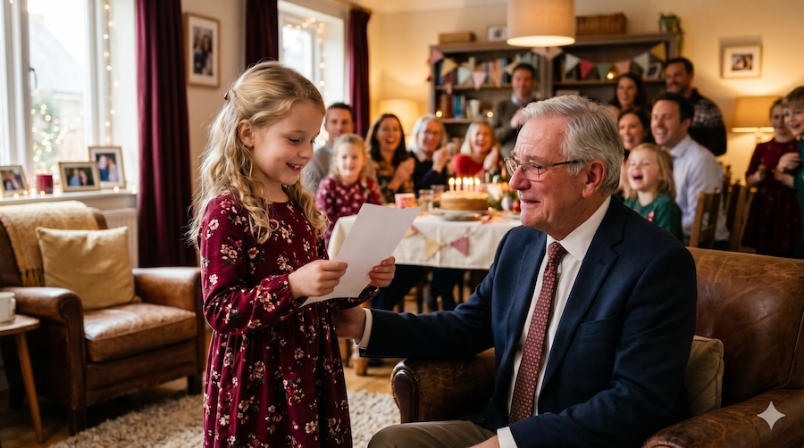 Enkelkind trägt Opa zum 70. Geburtstag ein selbst geschriebenes Gedicht vor