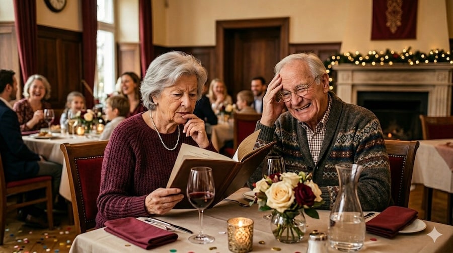 Sketch zur Goldenen Hochzeit für 2 Personen: altes Ehepaar im Restaurant bei der Bestellung