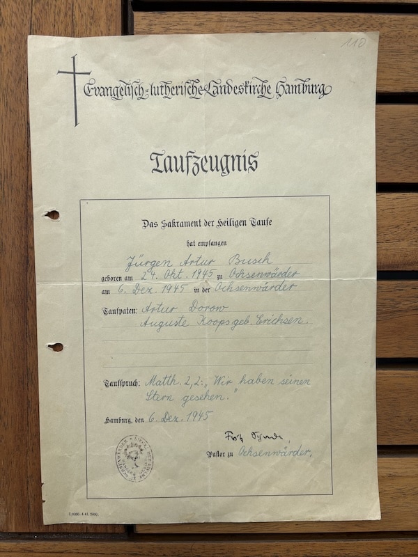 Original-Taufzeugnis von Jürgen Busch — getauft 1946 in Hamburg-Ochsenwerder