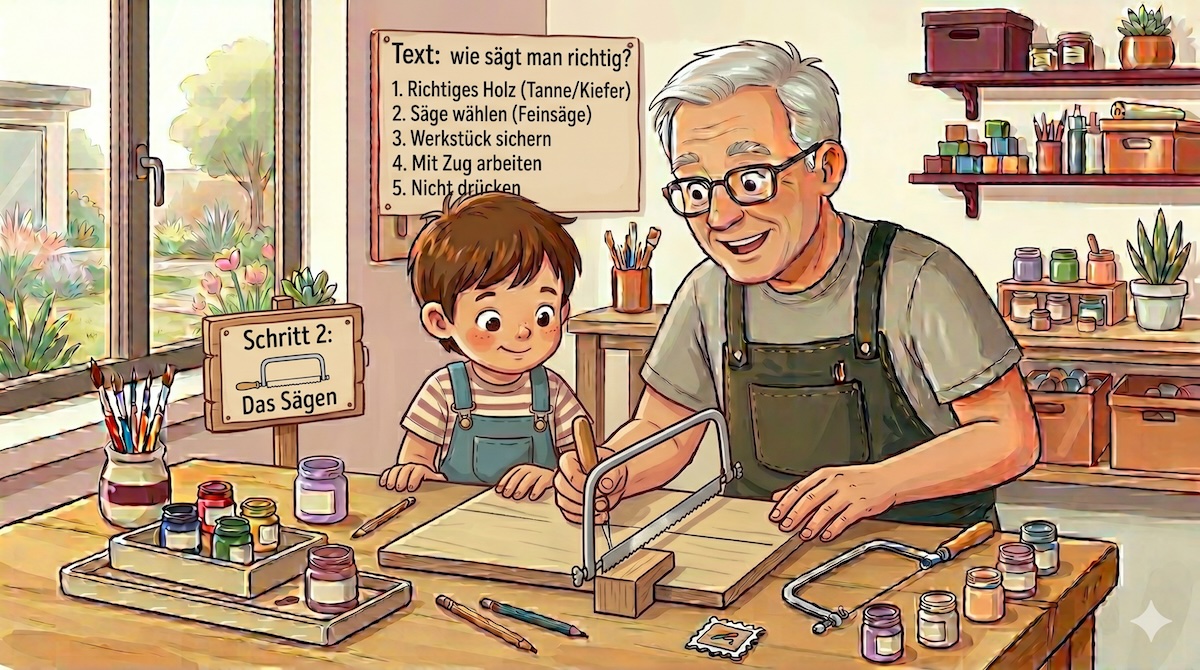 Opa zeigt dem Enkel, wie man mit der Laubsäge richtig sägt