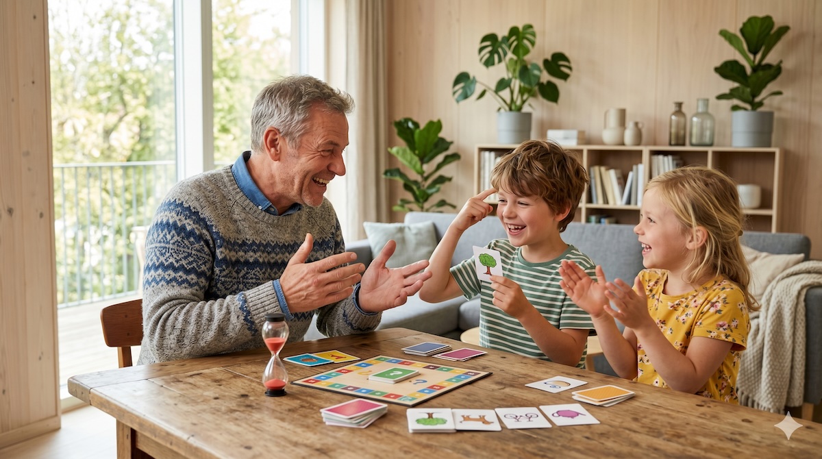 Opa spielt mit zwei Enkelkindern 30 Seconds Junior mit Sanduhr und Karten – 30 Seconds Junior Spiel
