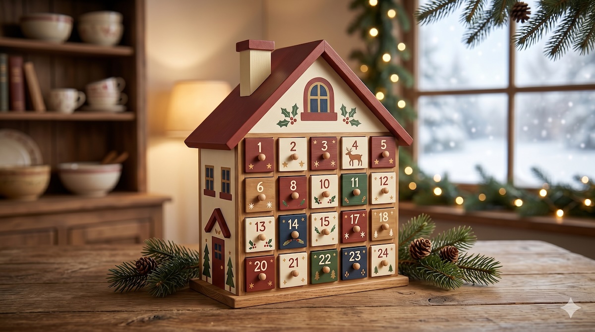 Selbst gebautes Adventskalender-Haus aus Holz mit 24 nummerierten Türchen