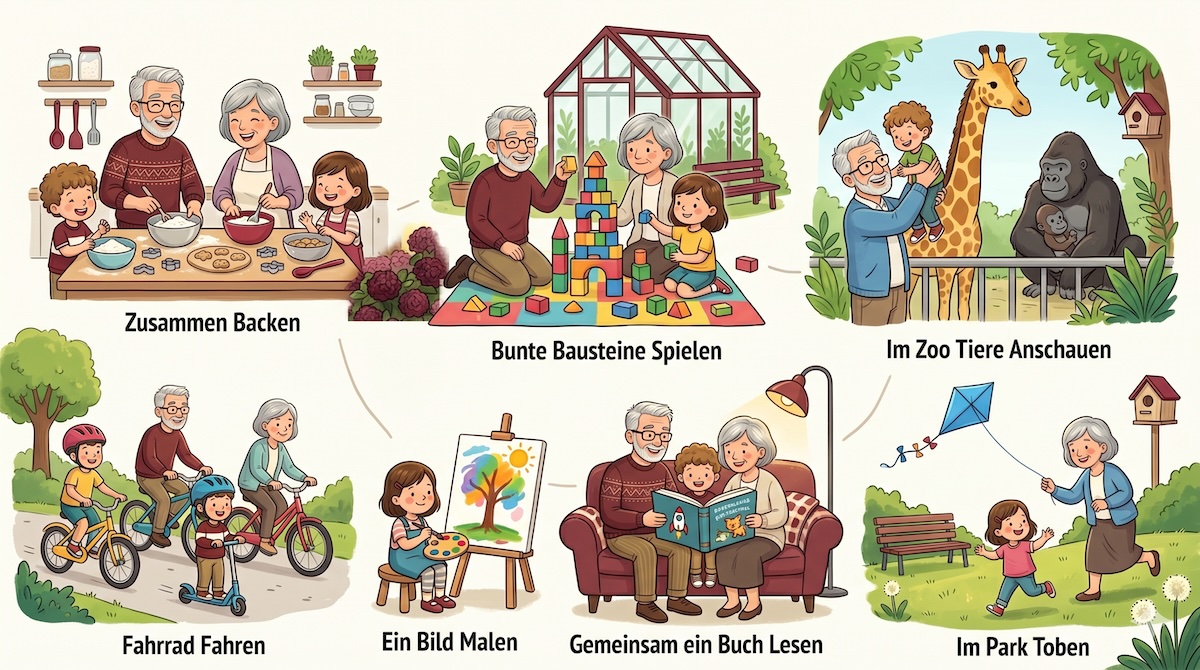 Collage verschiedener Aktivitäten von Großeltern und Enkelkindern – backen, spielen, Zoo, Fahrrad fahren, malen und lesen