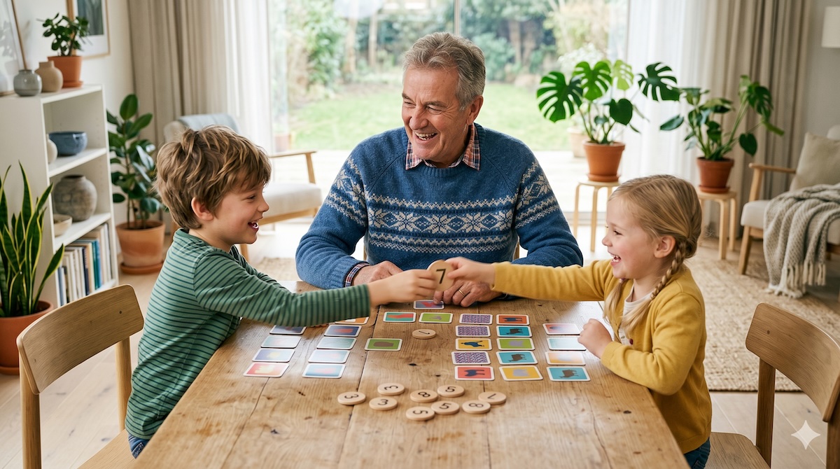 Opa spielt mit zwei Enkelkindern Auf Zack und schnappt eine Zahlenscheibe – Auf Zack die wilde Zahlenjagd