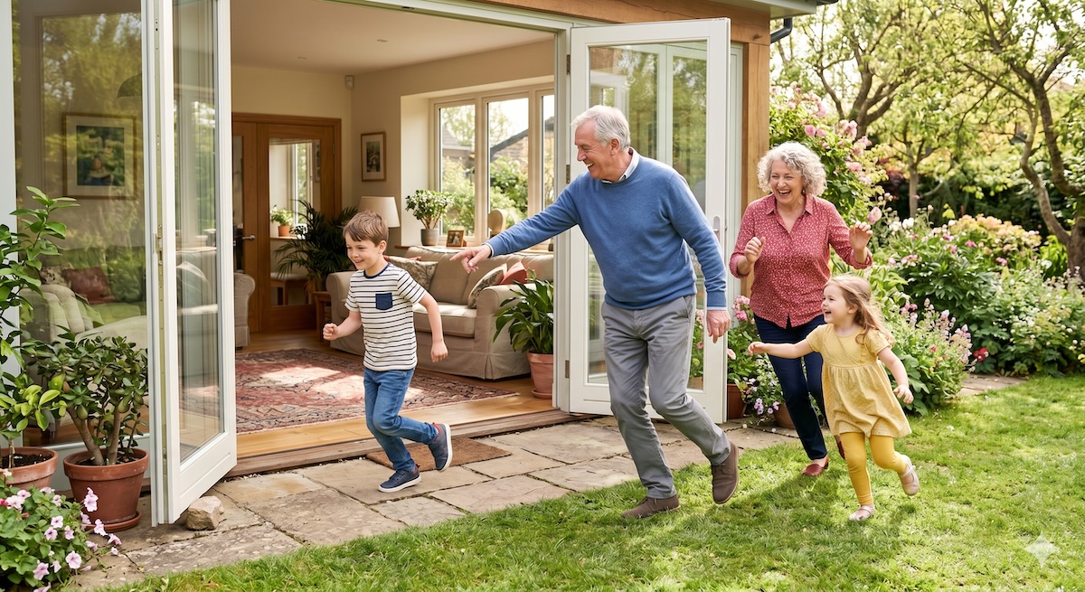 Großeltern und zwei Enkel spielen vergnügt ein Bewegungsspiel in Wohnzimmer und Garten – Bewegungsspiele für Kinder