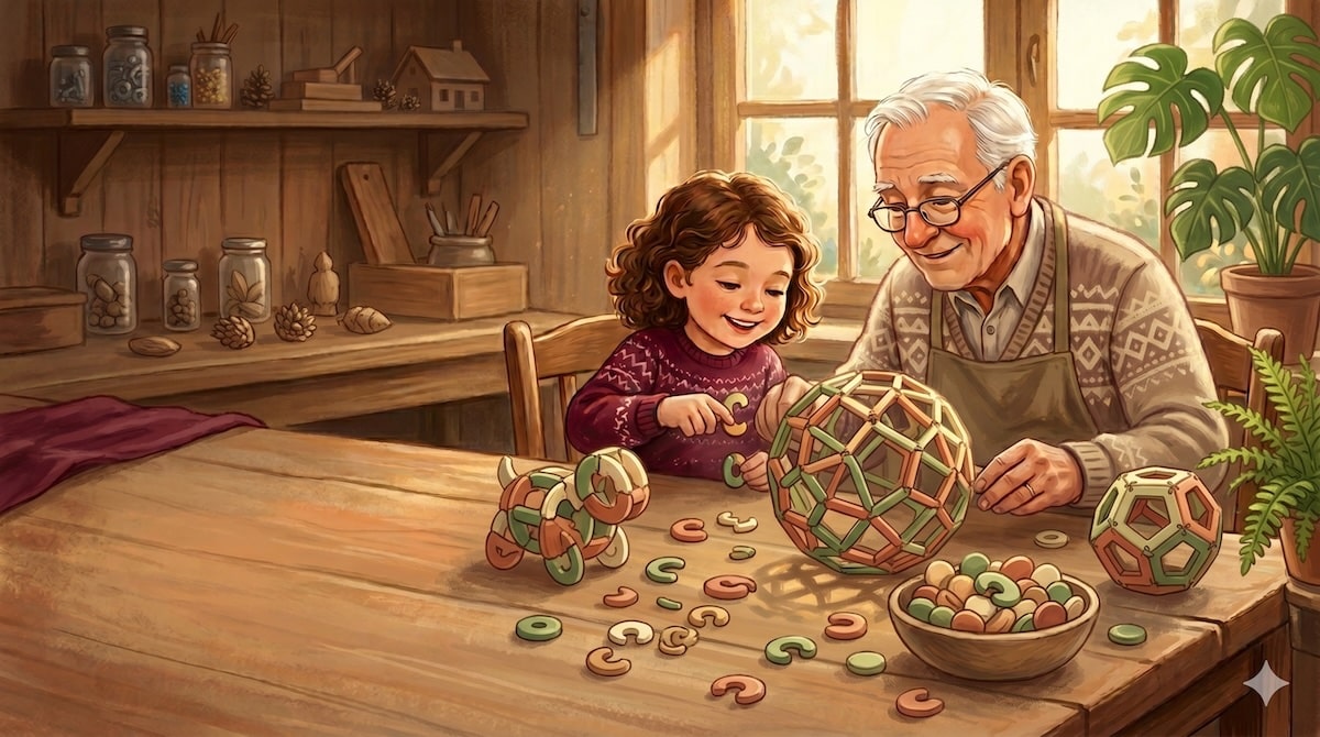 Binabo – nachhaltiges Konstruktionsspielzeug aus flexiblen Bioplastik-Chips, zu einem Ball gesteckt