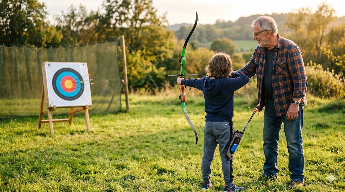 Kind beim Bogenschießen zielt mit Kinderbogen auf eine Zielscheibe, Opa hilft