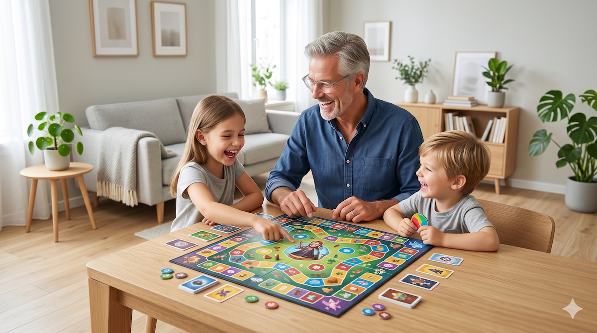 Opa spielt mit zwei Enkelkindern ein Brettspiel am Tisch – Brettspiele für Kinder