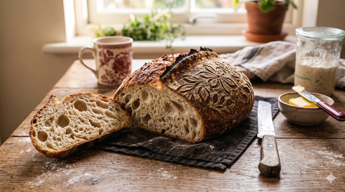 Selbst gebackenes Sauerteigbrot mit knuspriger Kruste