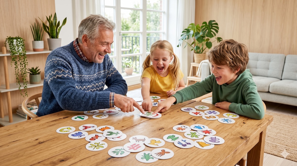 Opa spielt mit zwei Enkelkindern Dobble und zeigt auf ein passendes Symbol – Dobble Kartenspiel