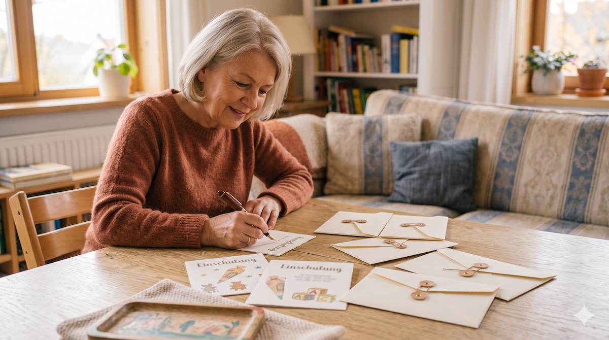 Oma schreibt am Tisch Einladungskarten zur Einschulung, daneben Umschläge