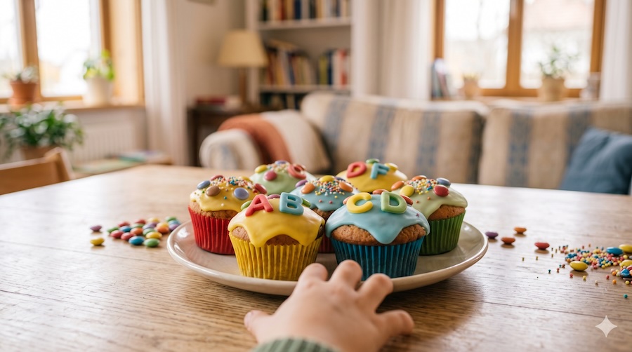 Bunte ABC-Muffins mit Zuckerguss und Fondant-Buchstaben zur Einschulung