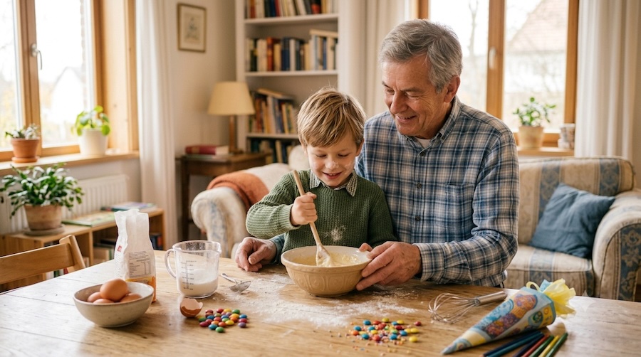 Opa und Enkelkind backen gemeinsam einen Einschulungskuchen in der Küche