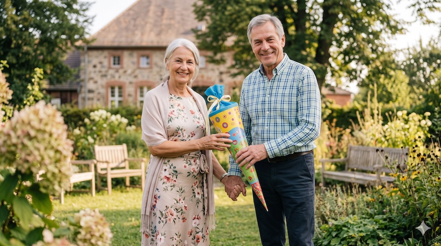 Oma und Opa festlich, aber entspannt gekleidet am Einschulungstag