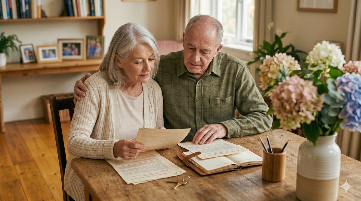 Oma und Opa prüfen gemeinsam Unterlagen am Tisch – richtig vererben für Großeltern