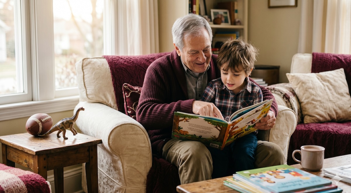 Erstlesebücher für Jungs – ein Junge liest mit Opa ein spannendes Buch