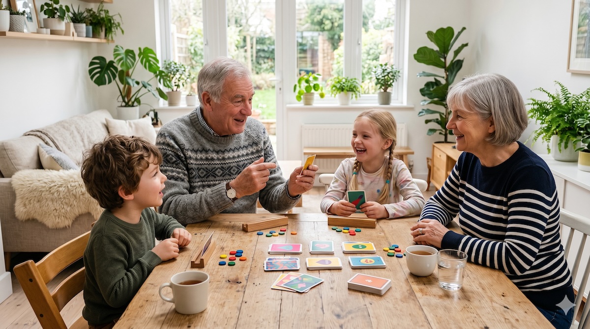 Oma, Opa und zwei Enkelkinder spielen am Tisch das Kommunikationsspiel Erzählt Euch mehr mit Fragekarten und Chips