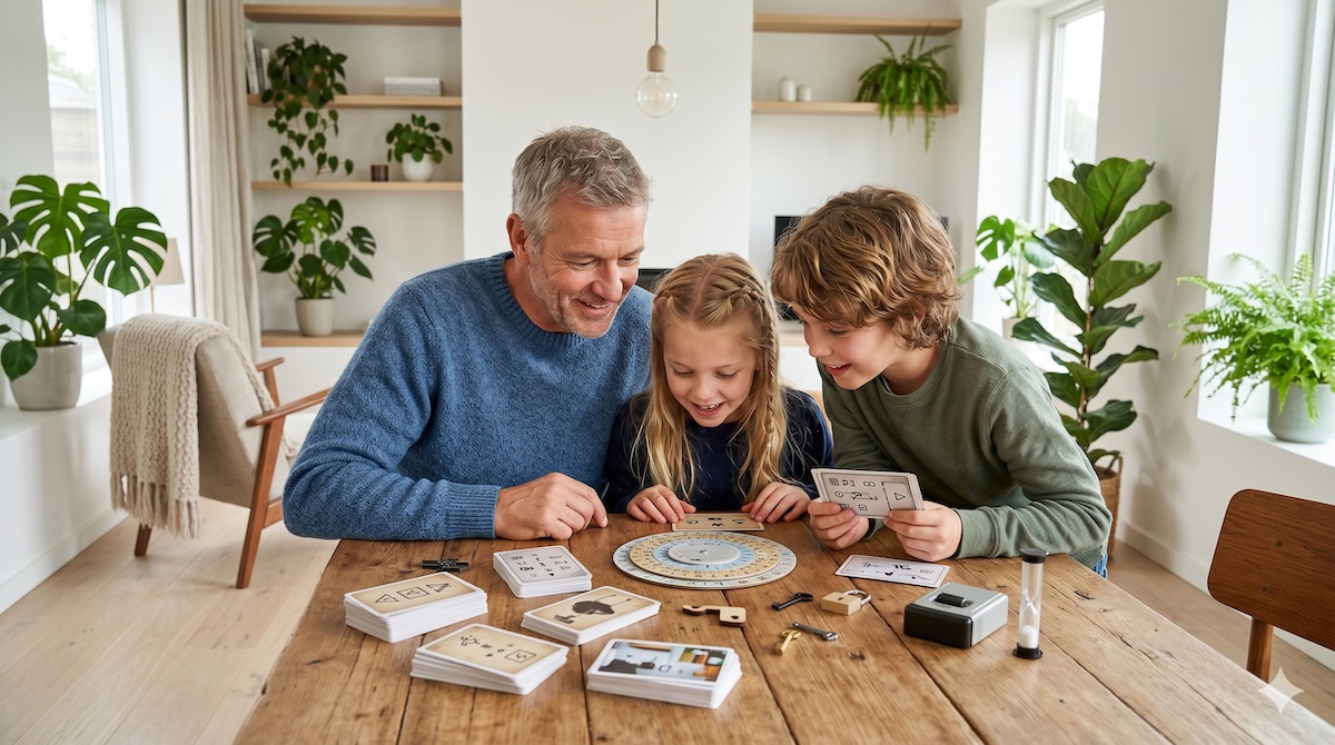 Opa löst mit zwei Enkelkindern ein Escape-Spiel mit Rätselkarten am Tisch – Escape Game Brettspiel