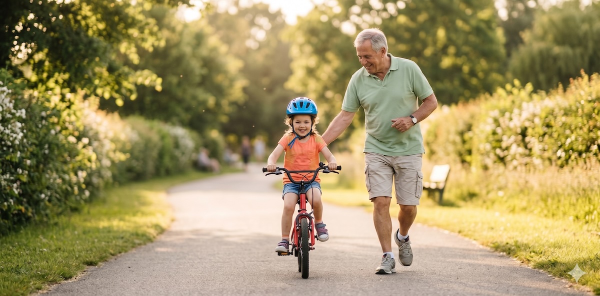 Kind lernt mit Helm Fahrrad fahren, begleitet von Opa