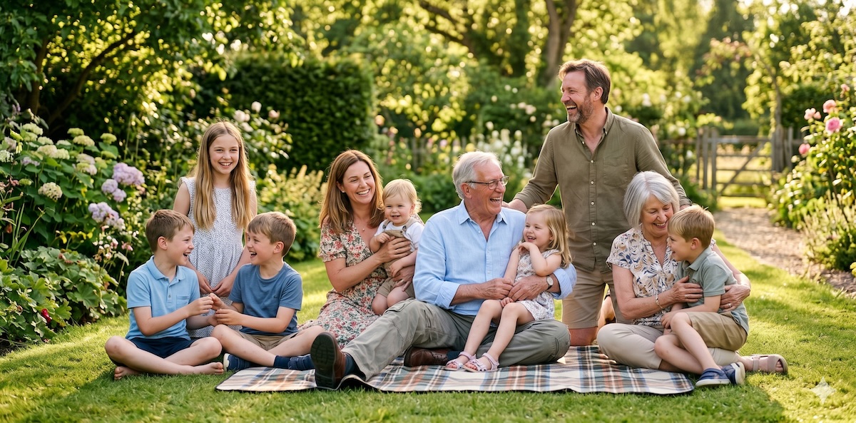Familie über drei Generationen — Großeltern, Eltern und Enkelkinder zusammen