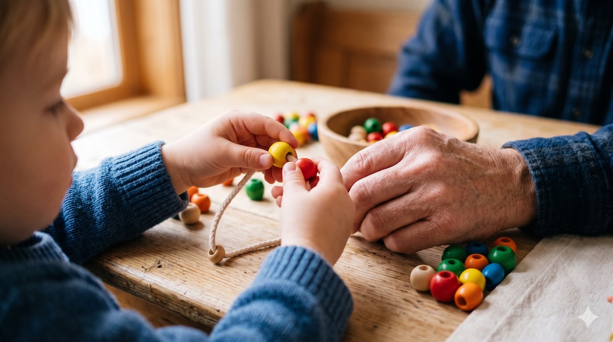Kind fädelt mit Opa bunte Perlen auf eine Schnur – Feinmotorik spielerisch fördern