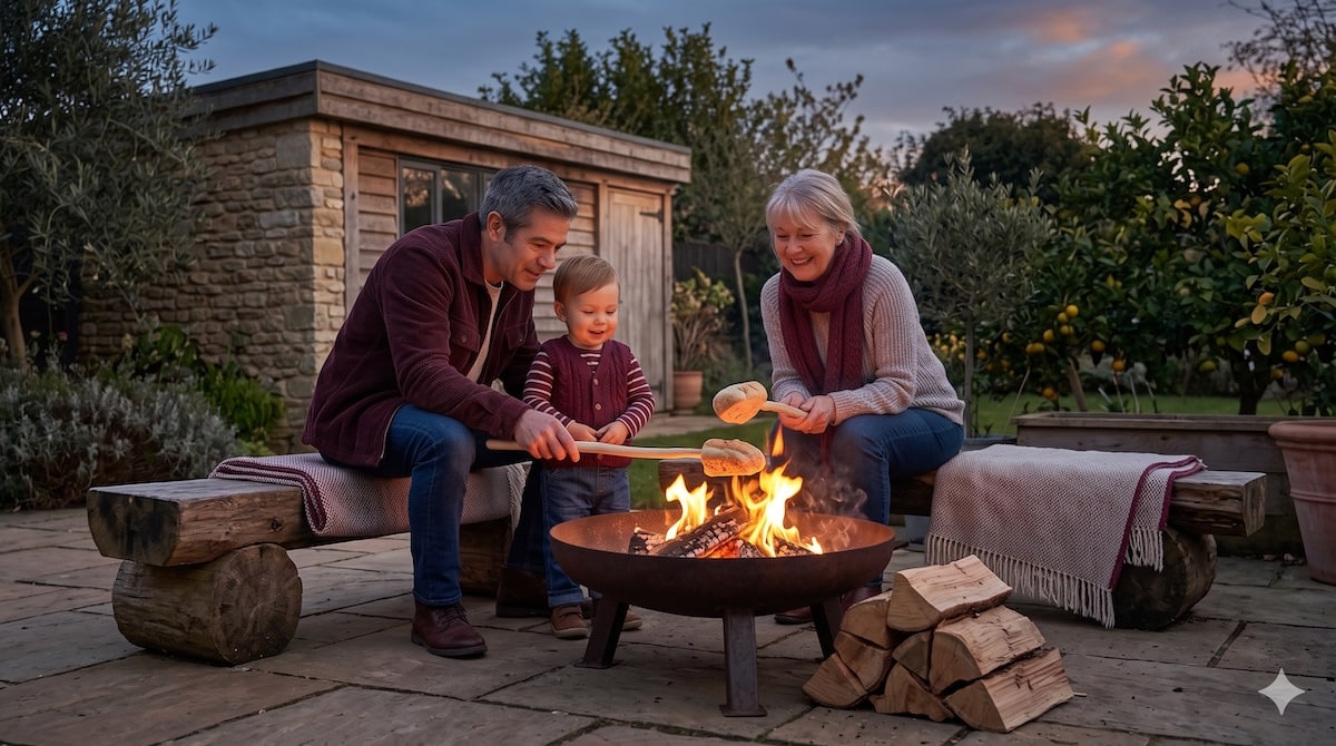 Feuerstelle im Garten der Großeltern mit Enkel und Stockbrot am Feuer