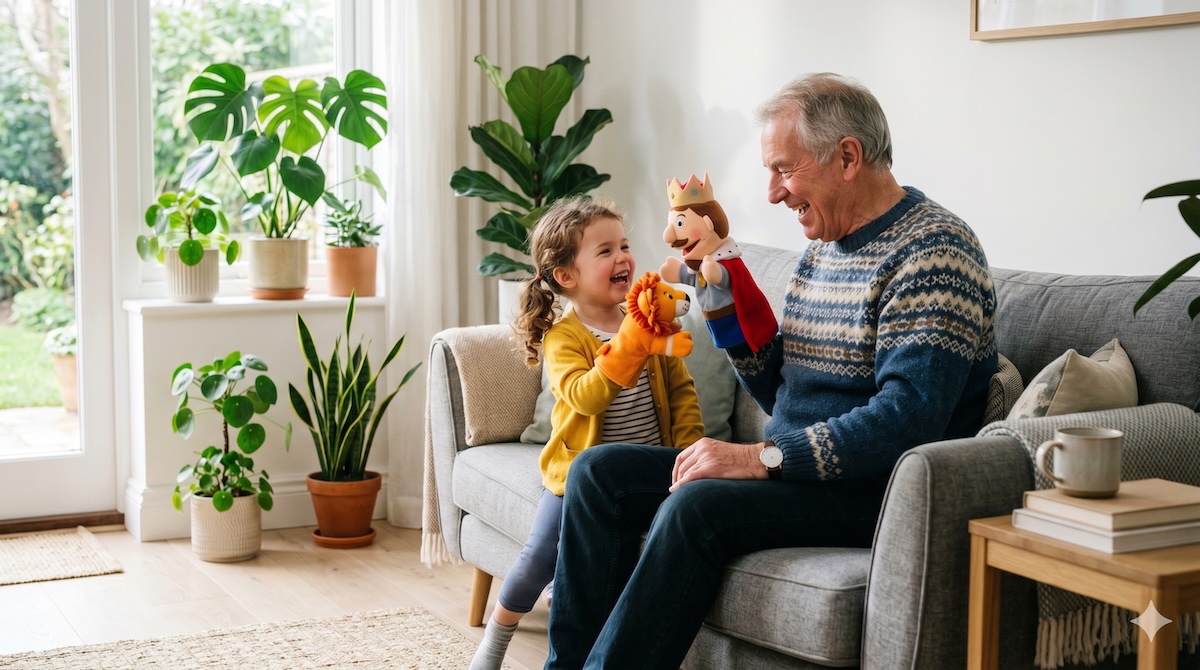 Opa und Enkelkind spielen lachend mit bunten Handpuppen ein Puppentheater – Puppentheater-Figuren und Handpuppen