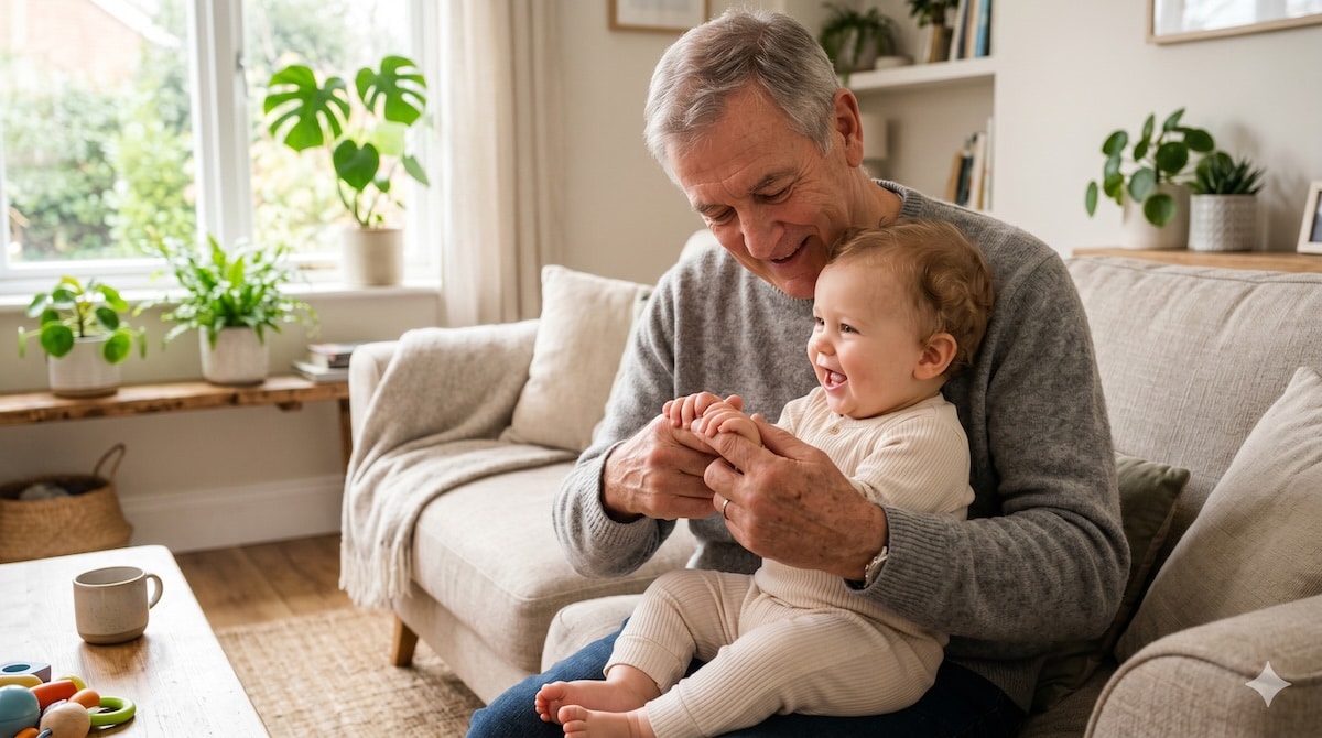 Oma spielt mit einem lachenden Baby ein Fingerspiel und hält dessen kleine Hände – Fingerspiele für Babys und Kleinkinder