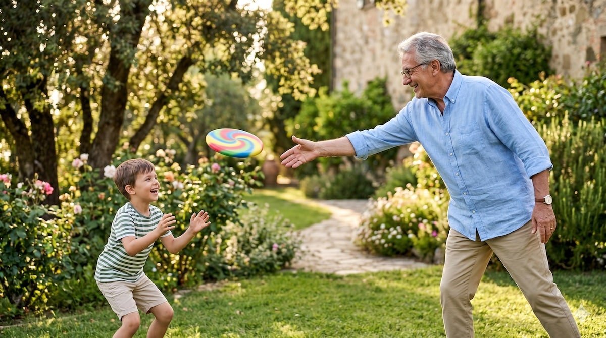 Opa und Enkelkind werfen sich im sonnigen Garten eine bunte Wurfscheibe zu – Frisbee und Wurfscheibe für Kinder