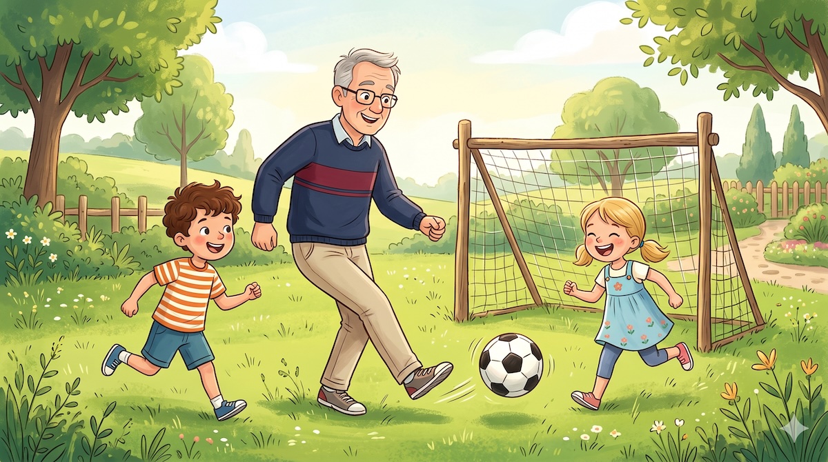 Großvater spielt mit Enkel und Enkelin auf einer sommerlichen Wiese fröhlich Fußball