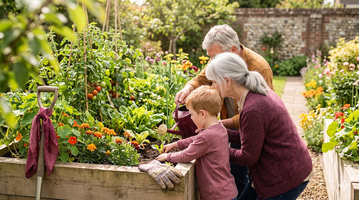 Großeltern und Enkelkind gärtnern und spielen gemeinsam im Garten