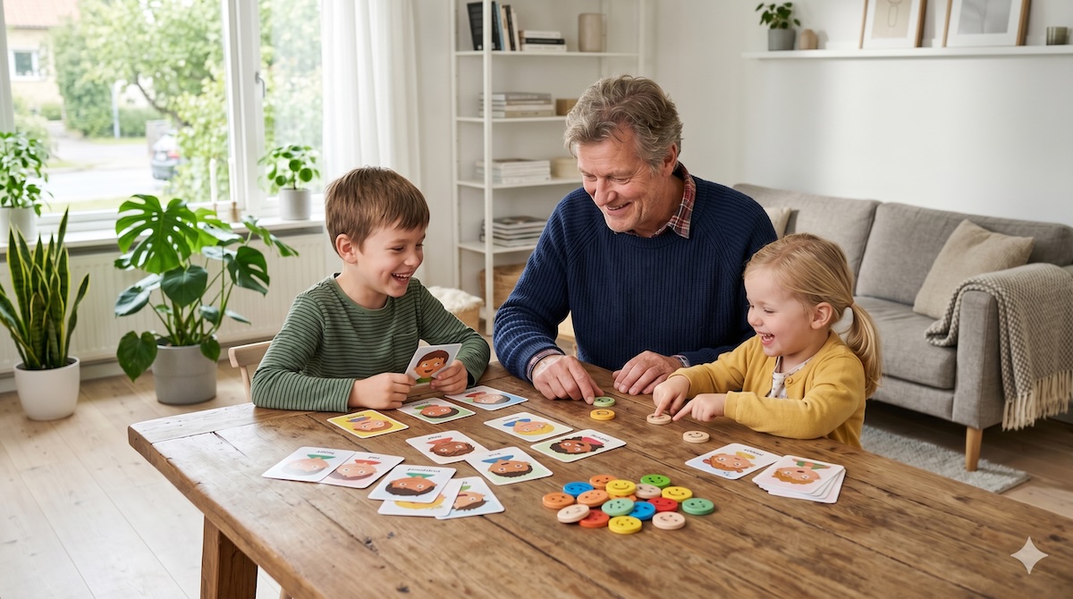 Opa spielt mit zwei Enkelkindern mehrere Spiele zu Gefühlen und Emotionen am Tisch – Gefühle-Spiele für Kinder