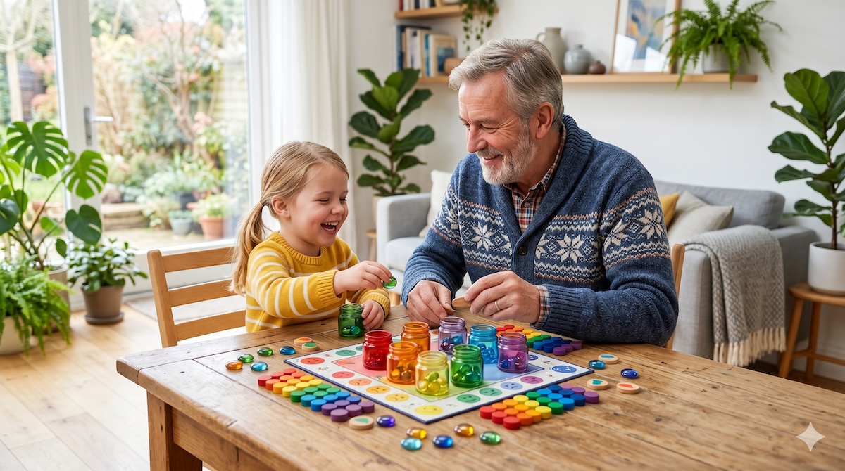 Opa spielt mit seinem Enkelkind ein Gefühle-Farben-Spiel mit bunten Gläsern am Tisch – Gefühle und Farben