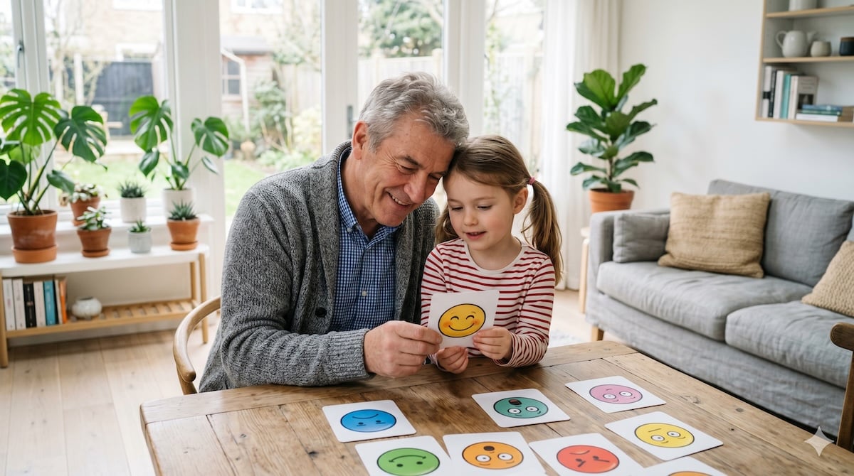 Opa und sein Enkelkind betrachten am Tisch eine Gefühlskarte mit einem Gesicht – Gefühlskarten für Kinder