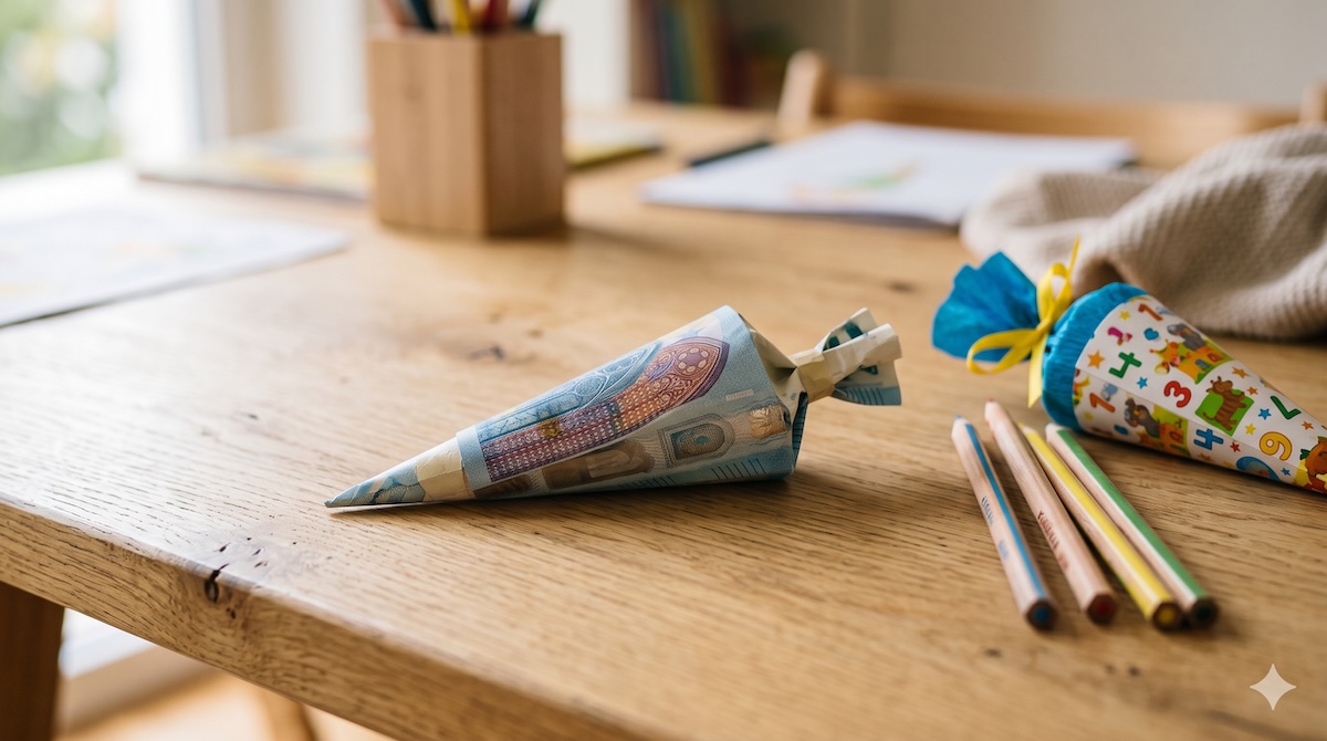 Zu einer kleinen Schultüte gefalteter Geldschein als Geldgeschenk zur Einschulung