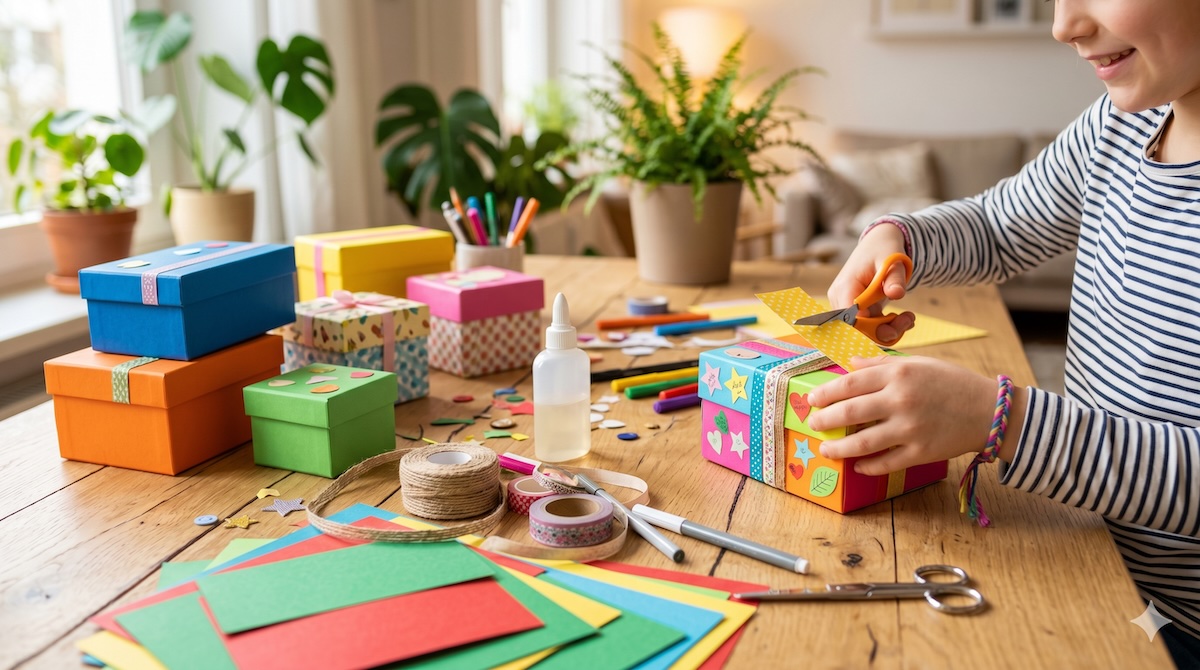 Geschenkbox basteln und dekorieren – bunte selbst gestaltete Boxen mit Bastelmaterial