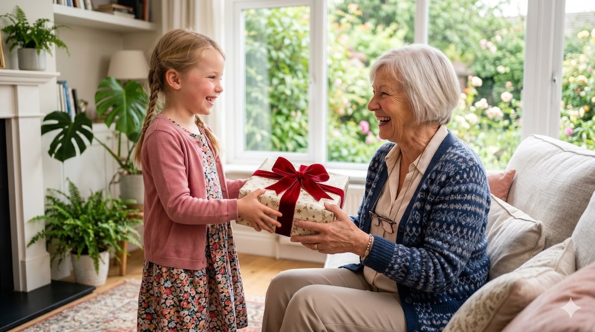Geschenke für Oma – ein Enkelkind überreicht der Großmutter ein liebevoll verpacktes Geschenk