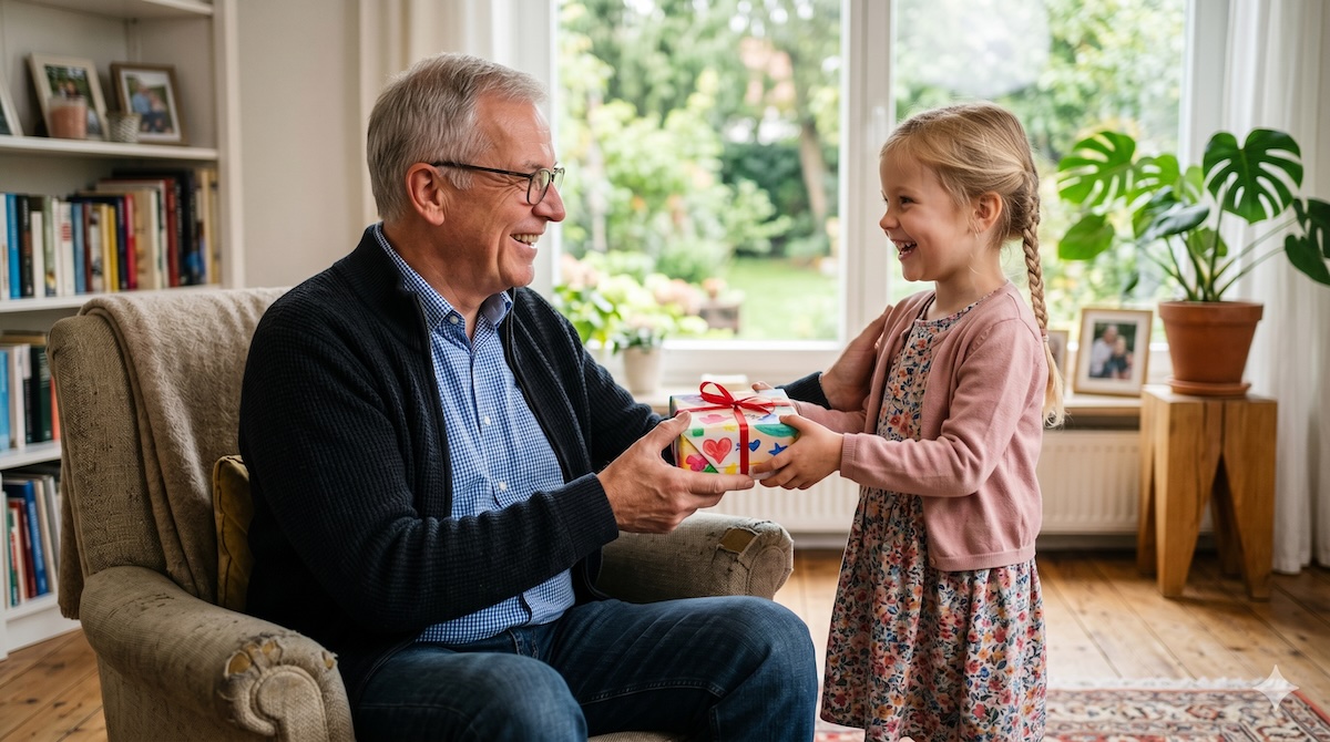 Geschenke für Opa – ein Enkelkind überreicht dem Großvater ein selbst gebasteltes Geschenk
