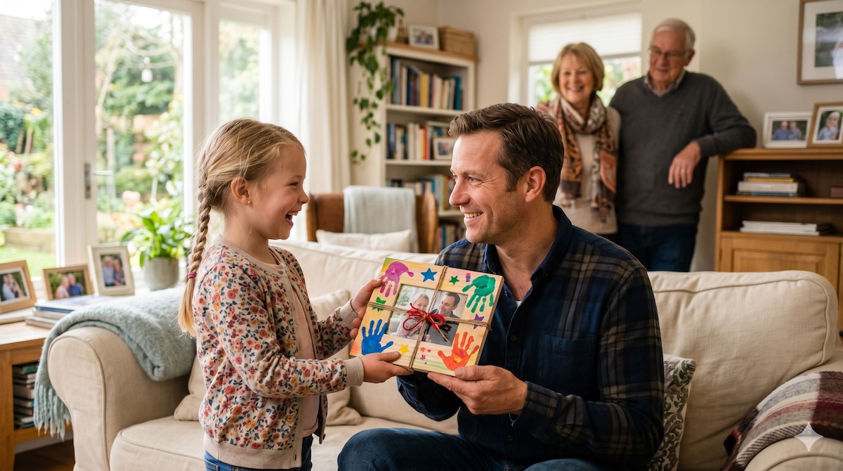 Geschenke für Papa – ein Kind überreicht dem Vater ein selbst gebasteltes Geschenk