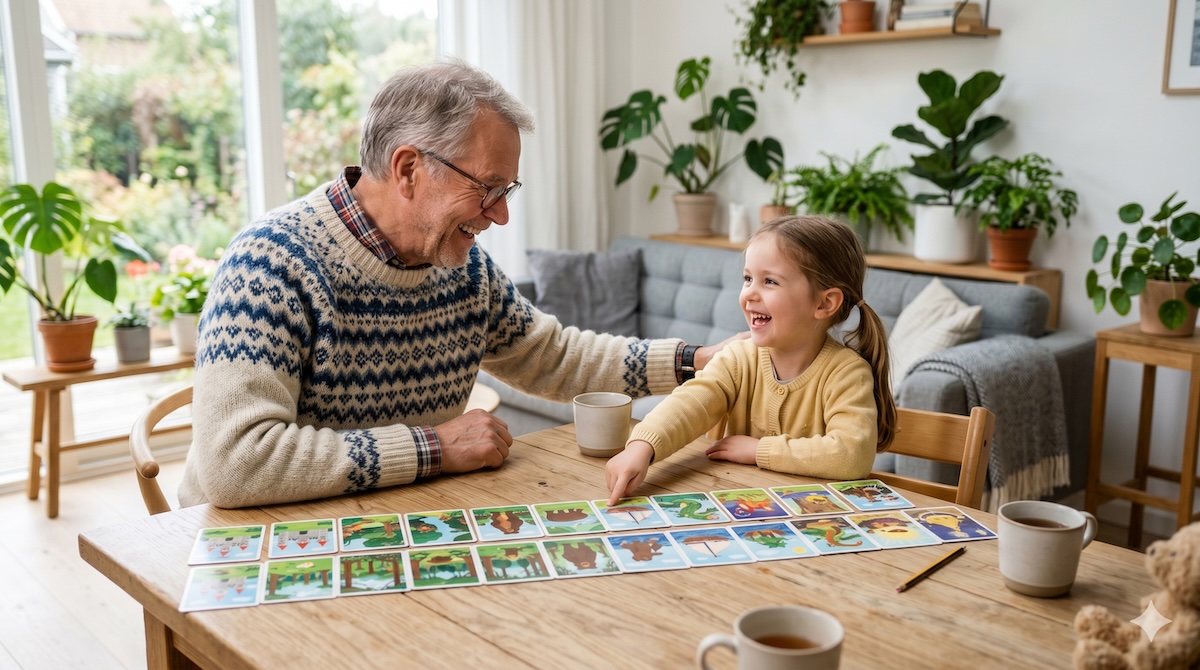 Opa und Enkelkind legen am Tisch bunte Geschichten-Puzzleteile und erzählen dazu – Geschichten-Puzzle für Kinder