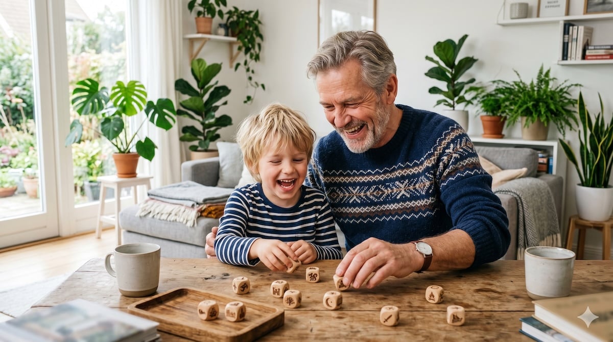 Opa und sein Enkelkind würfeln am Tisch lachend mehrere Geschichtenwürfel und erzählen dazu – Story Cubes für Kinder