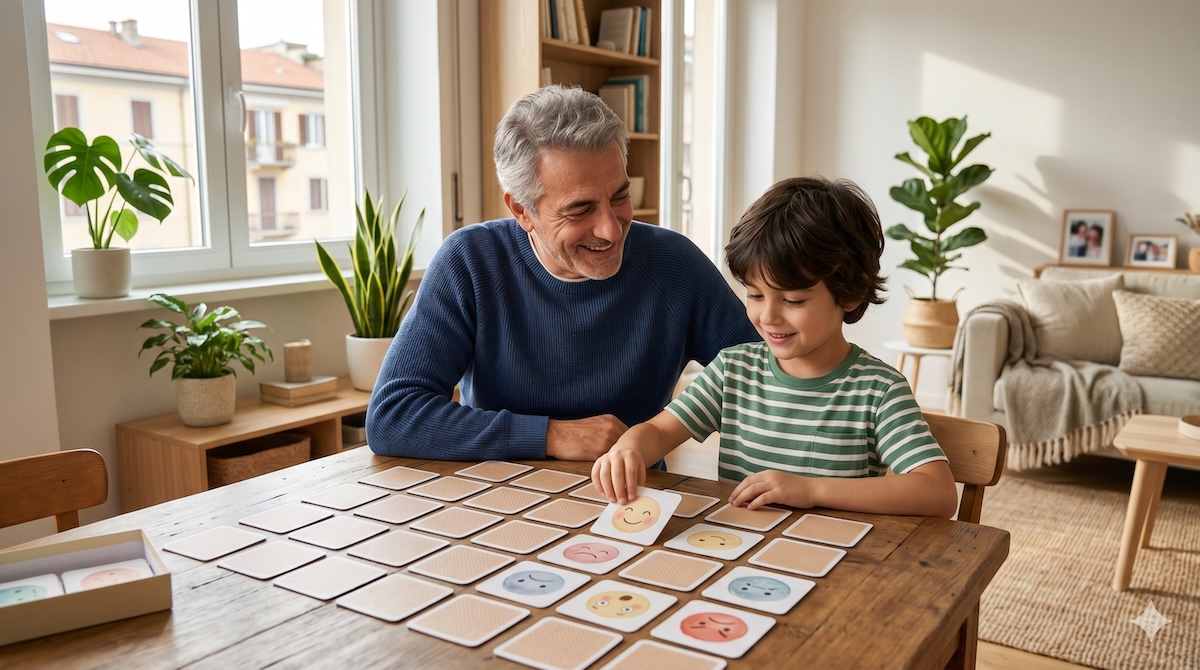 Opa spielt mit seinem Enkelkind das Giraffimo-Memo-Spiel mit Gefühlskarten am Tisch – Gefühle und Bedürfnisse
