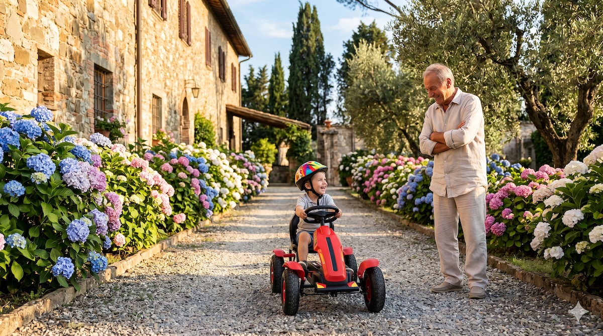 Kind fährt mit Helm ein Tret-Gokart im Garten, Opa schaut zu – Gokart für Kinder