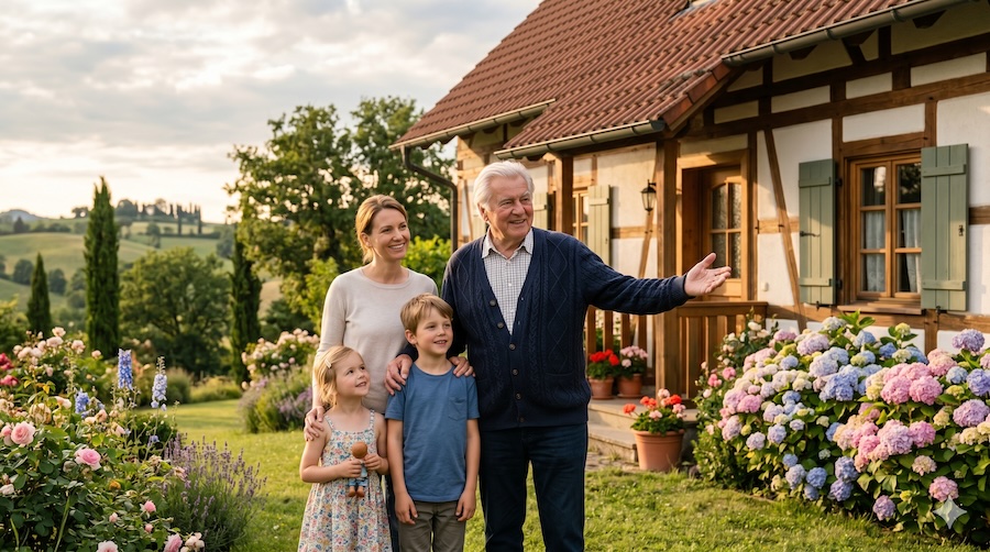 Opa zeigt seinen Enkelkindern das Familienhaus – Haus an Enkel vererben