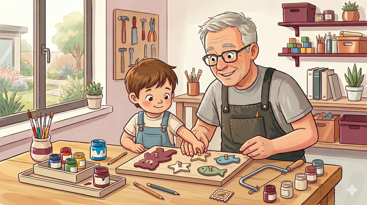 Opa und Enkel puzzeln mit einem selbst gemachten Holzpuzzle aus Sperrholz