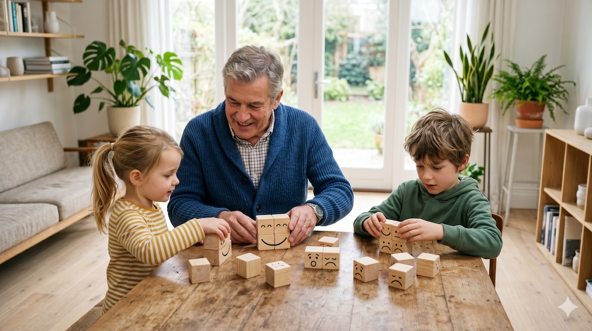Opa legt mit zwei Enkelkindern aus Holzwürfeln verschiedene Gesichtsausdrücke – Holzwürfel-Puzzle Gesichtsausdrücke