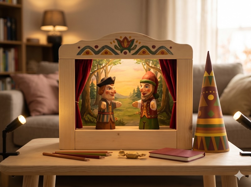 Zwei bunte Handpuppen stehen auf einer kleinen Puppenbühne, daneben eine Schultüte – Szene aus dem Kasperletheater zur Einschulung